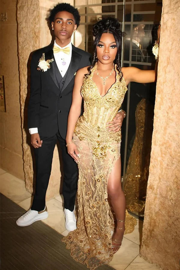 Sparkle Lace Gold Halter High Split Prom Dresses With Beadings
