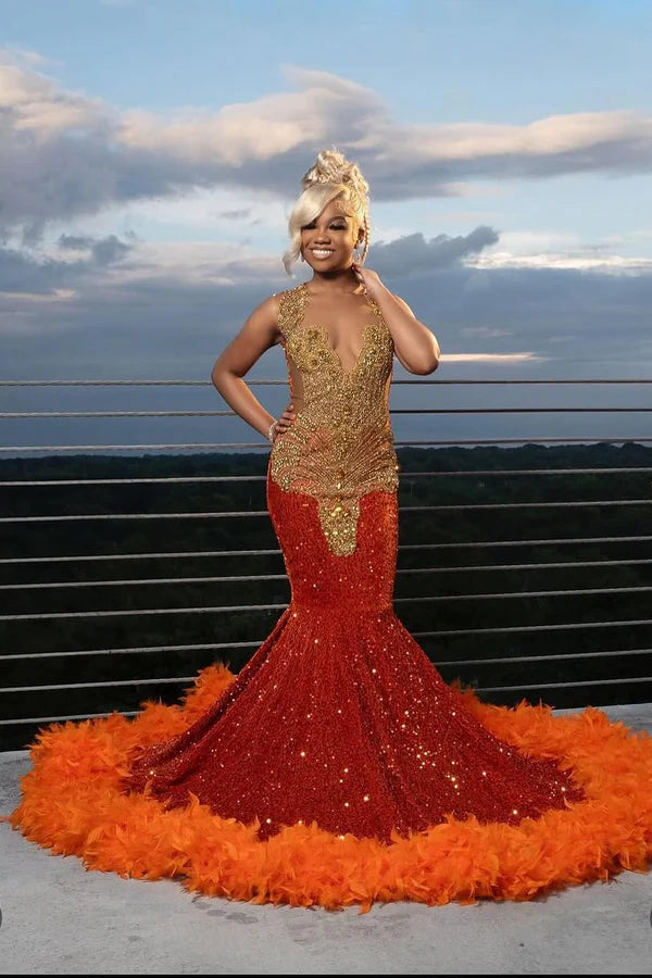 Sexy V-Neck Red Sequins Mermaid Feather Hemline With Gold Beadings