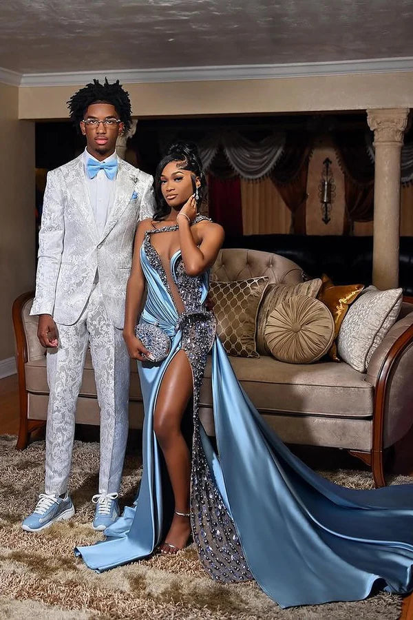 Exquisite Blue Halter Soft Satin High Split Prom Dresses With Beadings