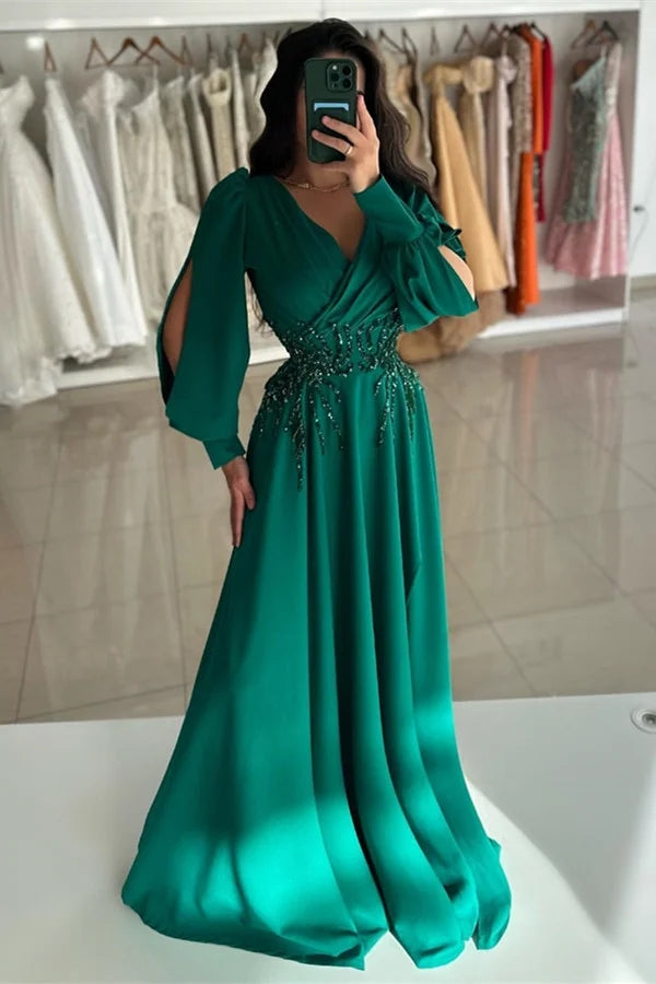 Wonderful Dark Green Chiffon Long Sleeves Beadings Evening Dresses