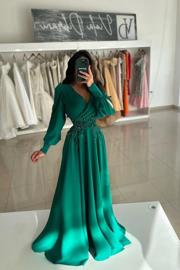 Wonderful Dark Green Chiffon Long Sleeves Beadings Evening Dresses
