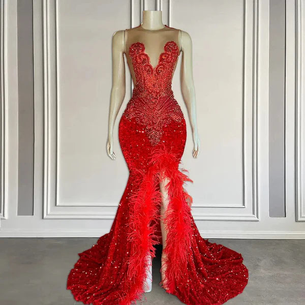 Generous Red Sequins Sleeveless Mermaid Feather Prom Dresses With Beadings