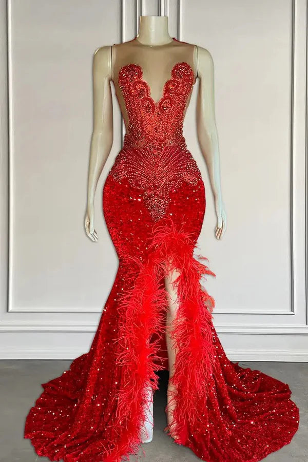 Generous Red Sequins Sleeveless Mermaid Feather Prom Dresses With Beadings