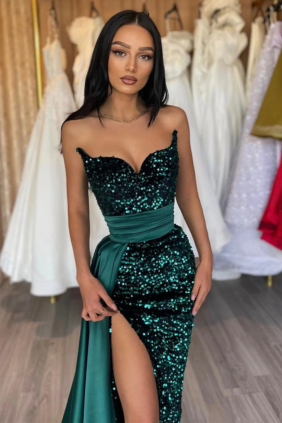 Gorgeous Dark Green Sequins Sweetheart Side Slit Evening Dresses