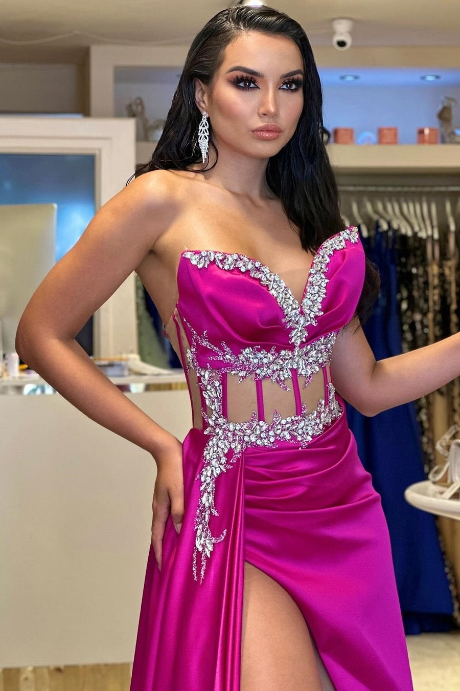 Beautiful Fuchsia Satin Sweetheart High Split Beadings Evening Dresses