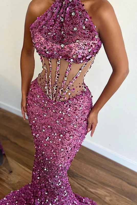 Sparkle Fuchsia Beadings Halter Mermaid Sequins Evening Dresses
