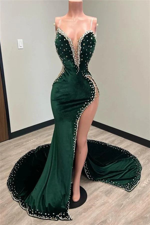 Sexy Dark Green Velvet Sheer Straps High Split Prom Dresses With Beadings