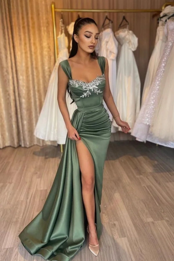 Elegant Dark Green Satin Side Slit Beadings Evening Dresses