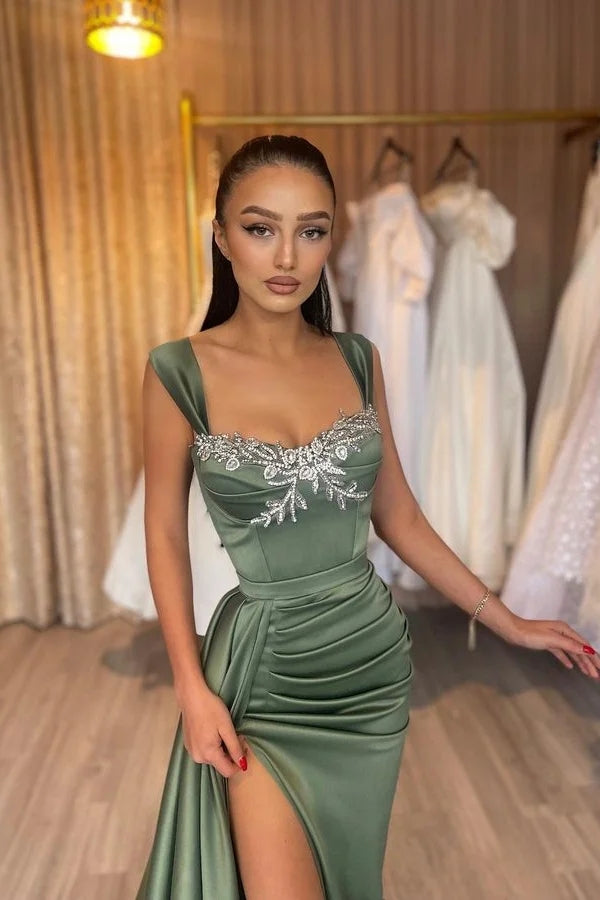 Elegant Dark Green Satin Side Slit Beadings Evening Dresses
