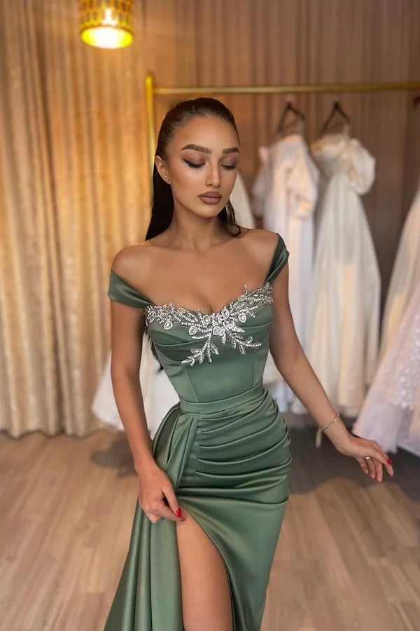 Elegant Dark Green Satin Side Slit Beadings Evening Dresses