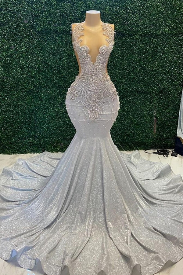 Elegant Silver V-Neck Sleeveless Sequins Mermaid Prom Dresses With Beadings