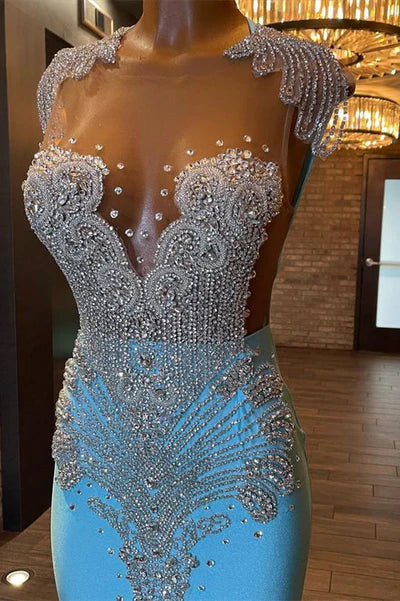 Charming Light Blue Soft Satin Backless Mermaid Prom Dresses With Beadings