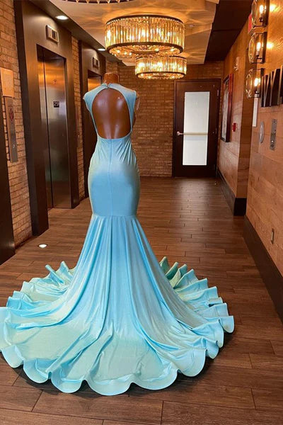 Charming Light Blue Soft Satin Backless Mermaid Prom Dresses With Beadings
