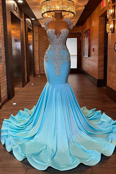 Charming Light Blue Soft Satin Backless Mermaid Prom Dresses With Beadings
