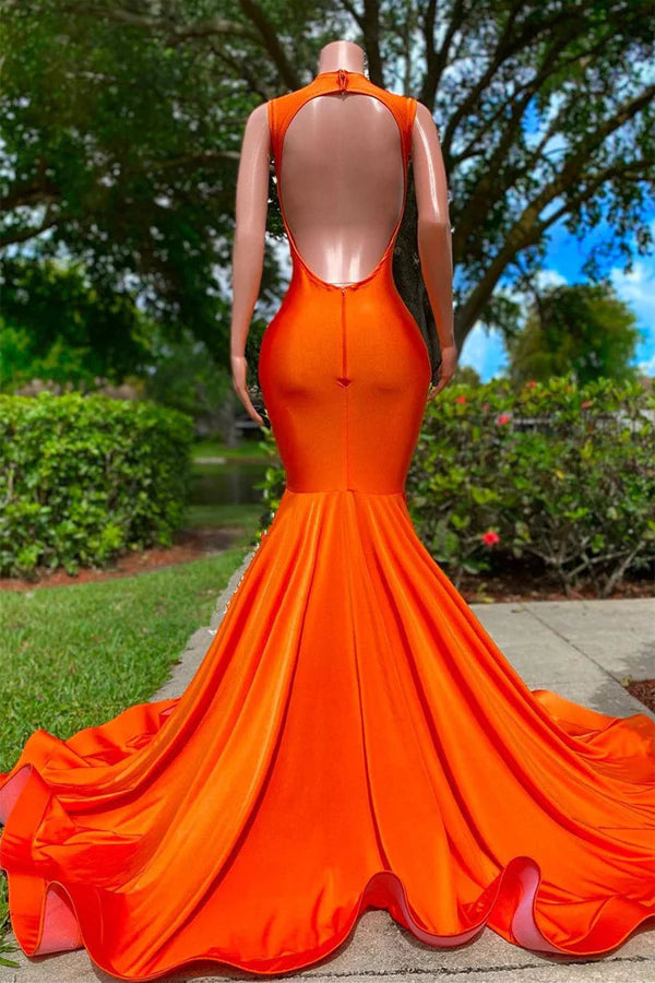 Chic Orange Soft Satin Backless Mermaid Prom Dresses With Beadings
