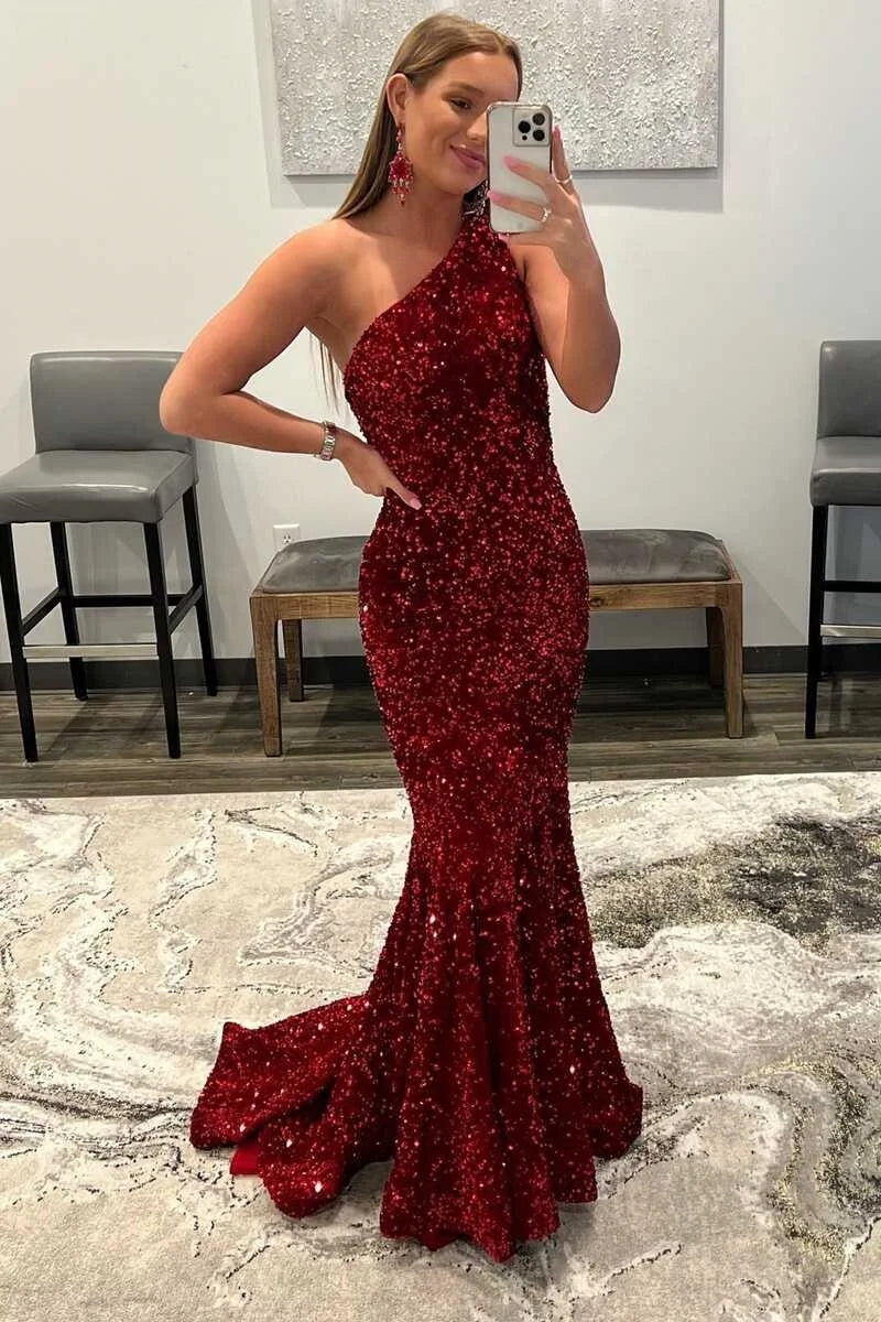 Chic Red Sequins One Shoulder Mermaid Evening Dresses