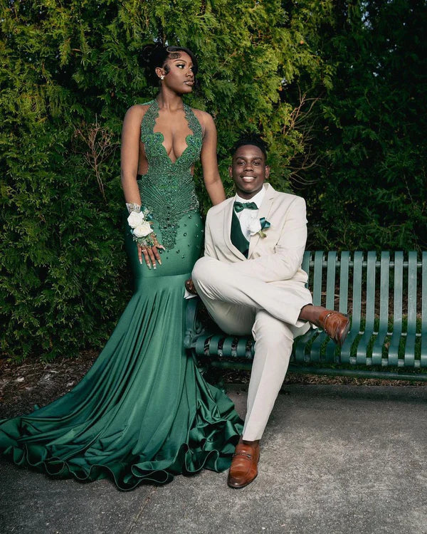 Wonderful Dark Green Halter Sleeveless Mermaid Prom Dresses With Beadings