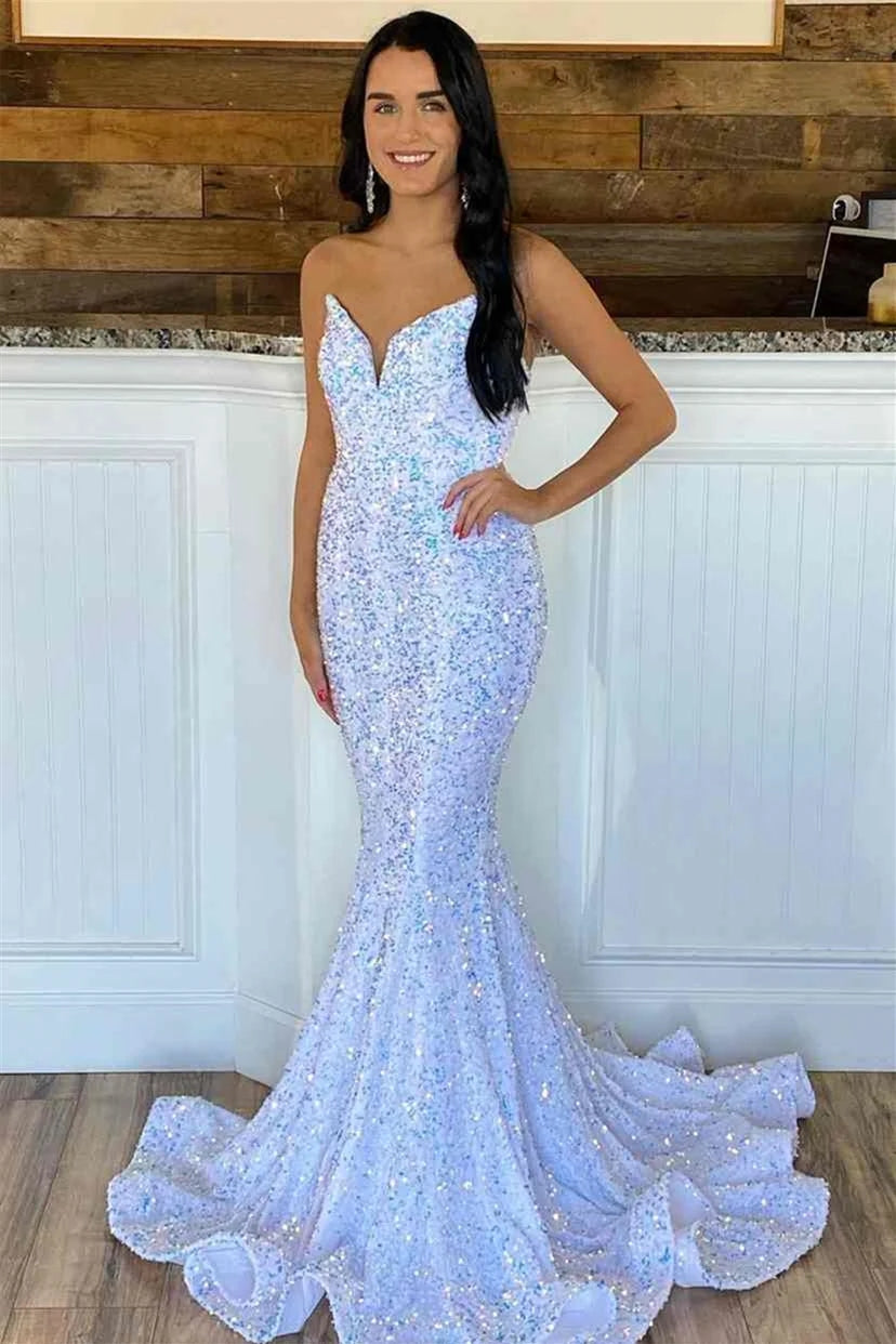 Modern Light Purple Sequins Sweetheart Mermaid Evening Dresses