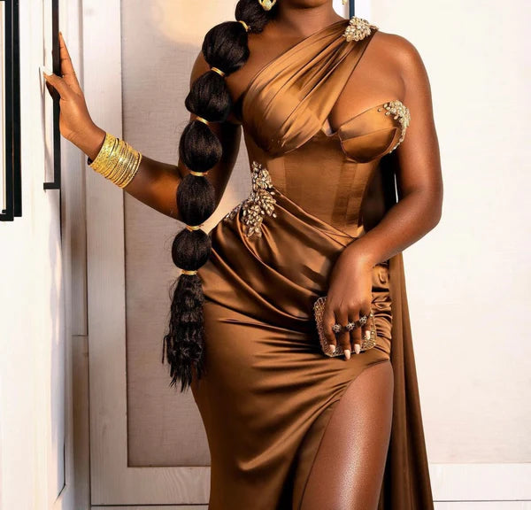 Fashion Brown Soft Satin Sweetheart Beadings High Split Prom Dresses With Wrap