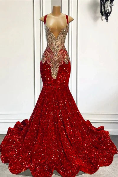 Beautiful Red Sequins Mermaid Prom Dresses With Beadings