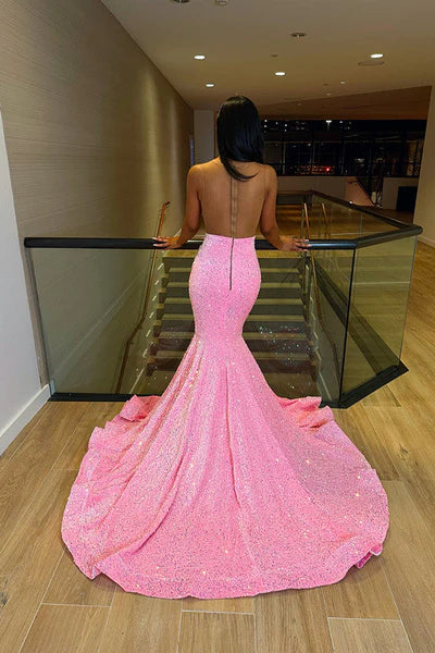 Mild Pink Sequins Mermaid Zipper Back Prom Dresses With Beadings