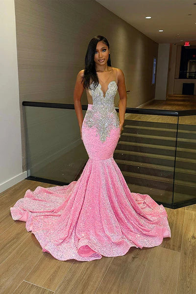 Mild Pink Sequins Mermaid Zipper Back Prom Dresses With Beadings