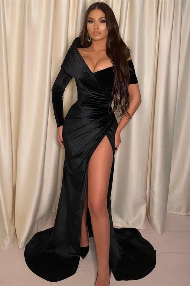 Intellectuality Black Velvet Off-the-shoulder High Split Evening Dresses