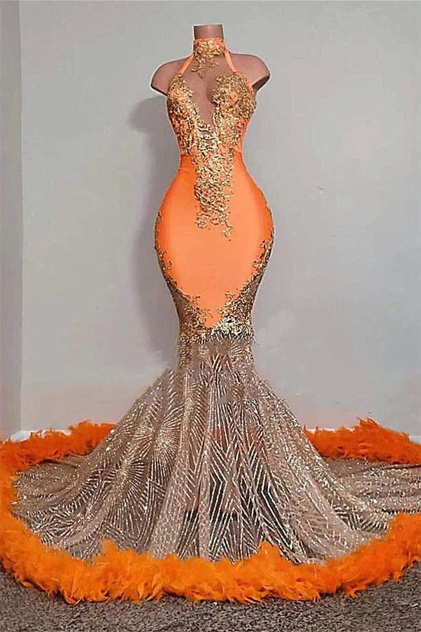 Chic Orange Soft Satin Halter Lace Mermaid Prom Dresses With Feathers