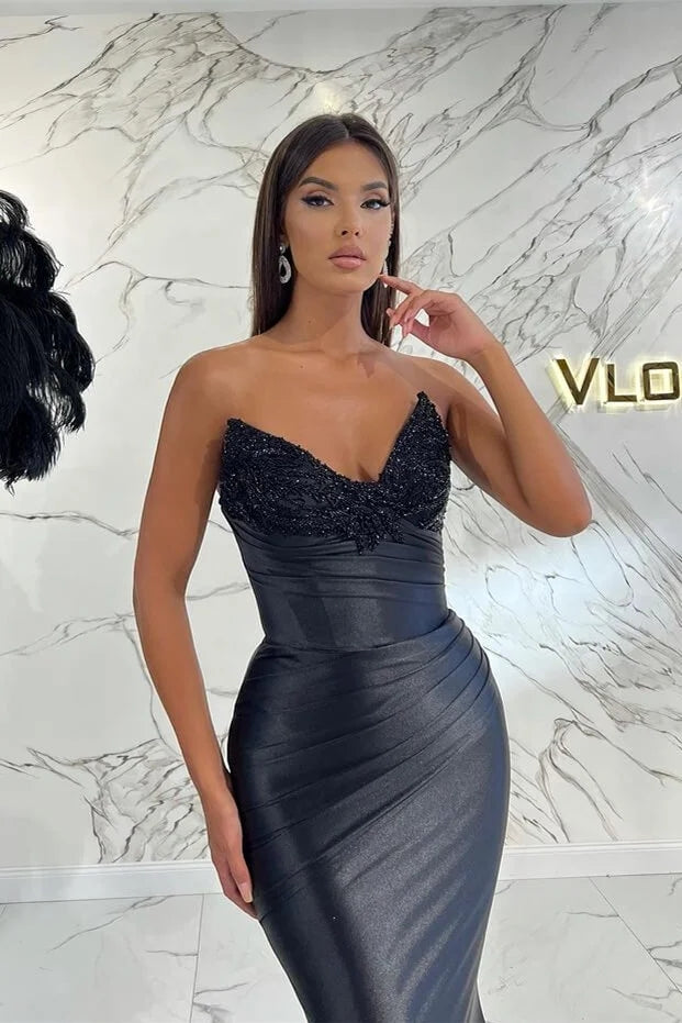 Classical Black Satin Mermaid Sweetheart Beadings Evening Dresses