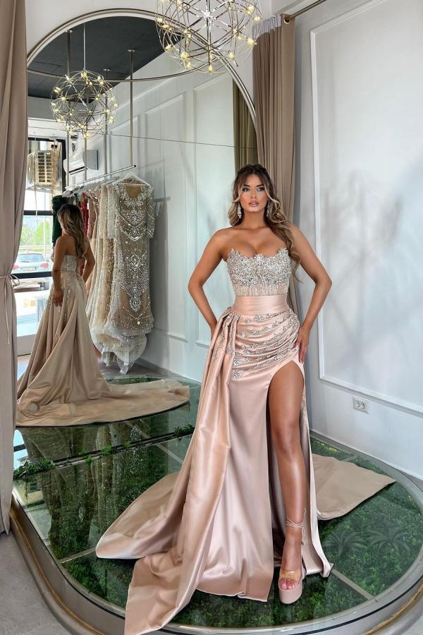 Fashion Champagne Strapless Soft Satin High Split Beadings Prom Dresses