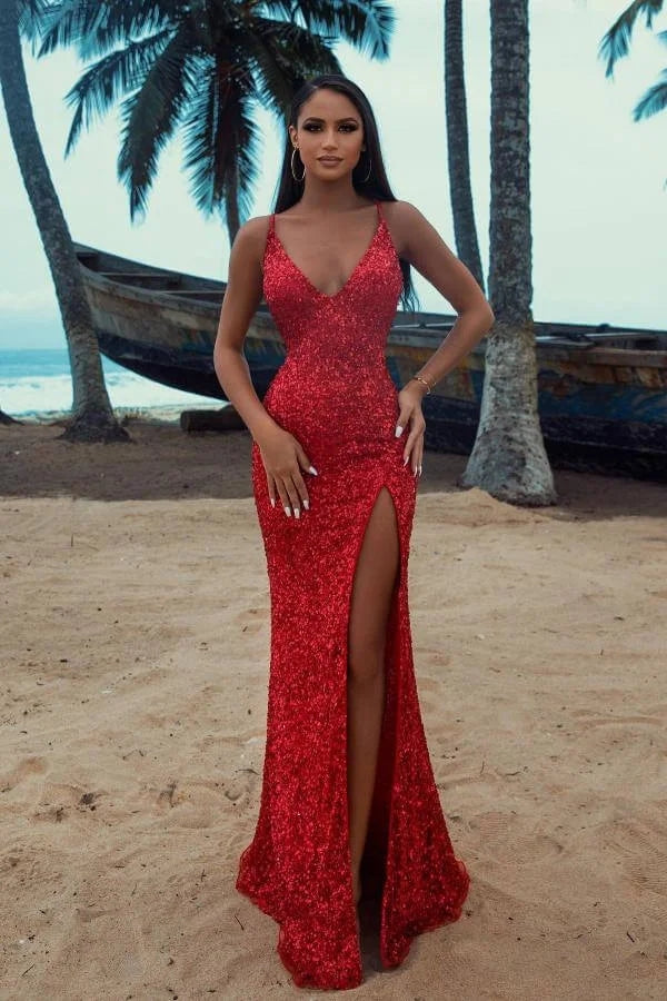 Wonderful Red Sequins Spaghetti Strap Side Slit Evening Dresses