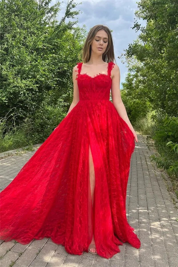 Lovely Red A Line Spaghetti Strap Side Slit Lace Evening Dresses