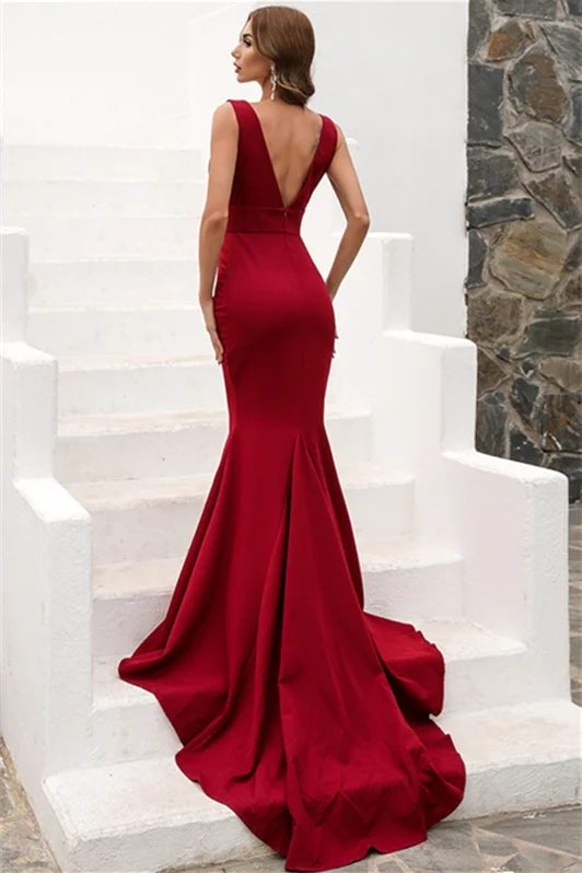 Generous Burgundy V Neck Sheath Satin Long Evening Dresses