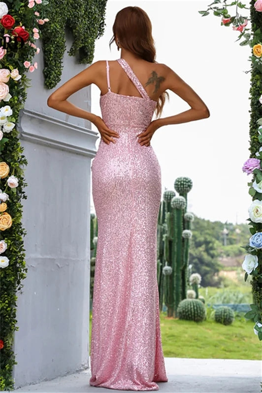Sparkle Pink One Shoulder Side Slit Sequins Evening Dresses