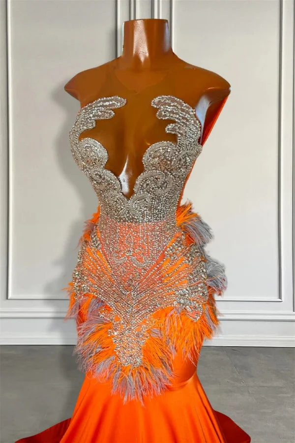 Chic Orange Soft Satin Jewel Beadings Mermaid Prom Dresses With Feathers