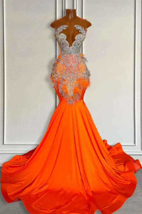 Chic Orange Soft Satin Jewel Beadings Mermaid Prom Dresses With Feathers