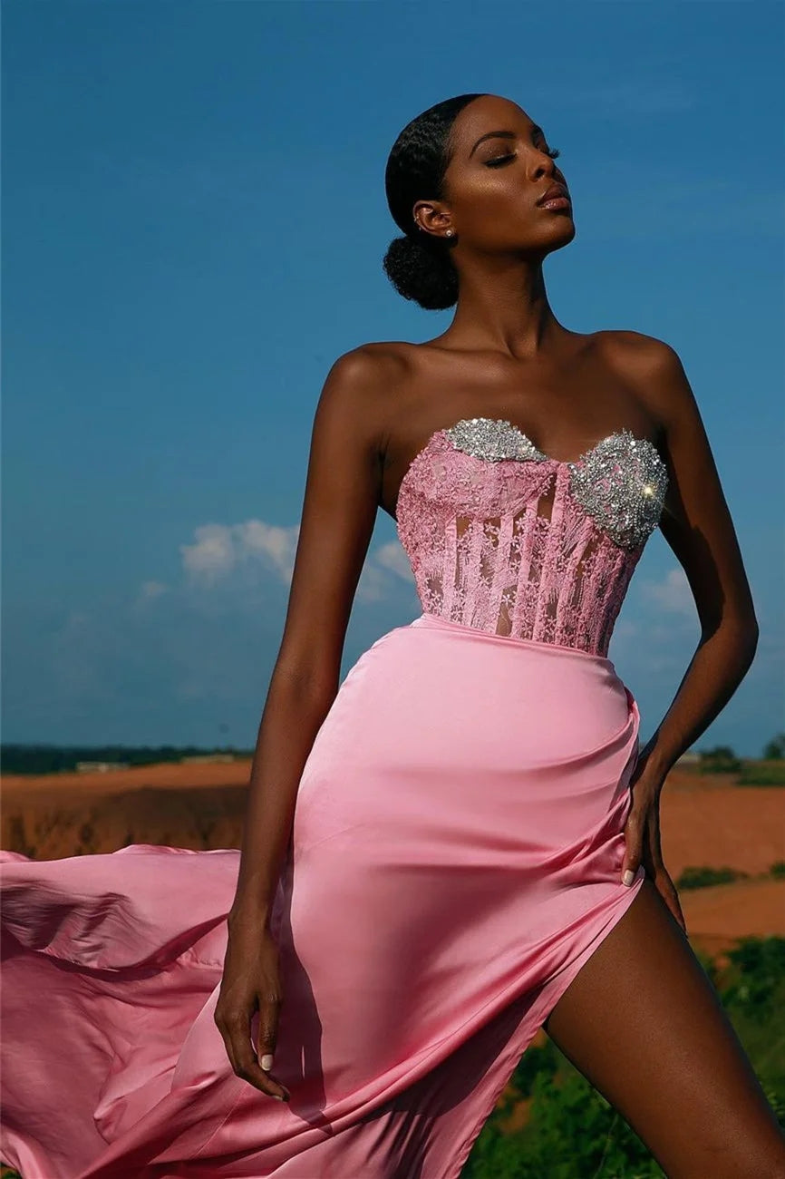 Chic Pink Satin Sweetheart Appliques Beadings Evening Dresses