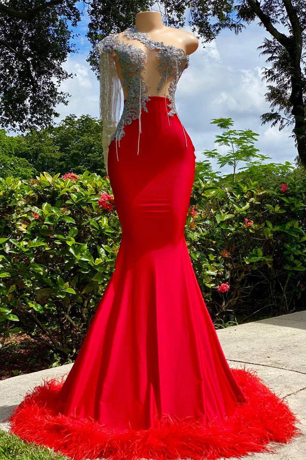 Sexy Red One Shoulder Appliques Mermaid Backless Prom Dresses With Feathers Hem