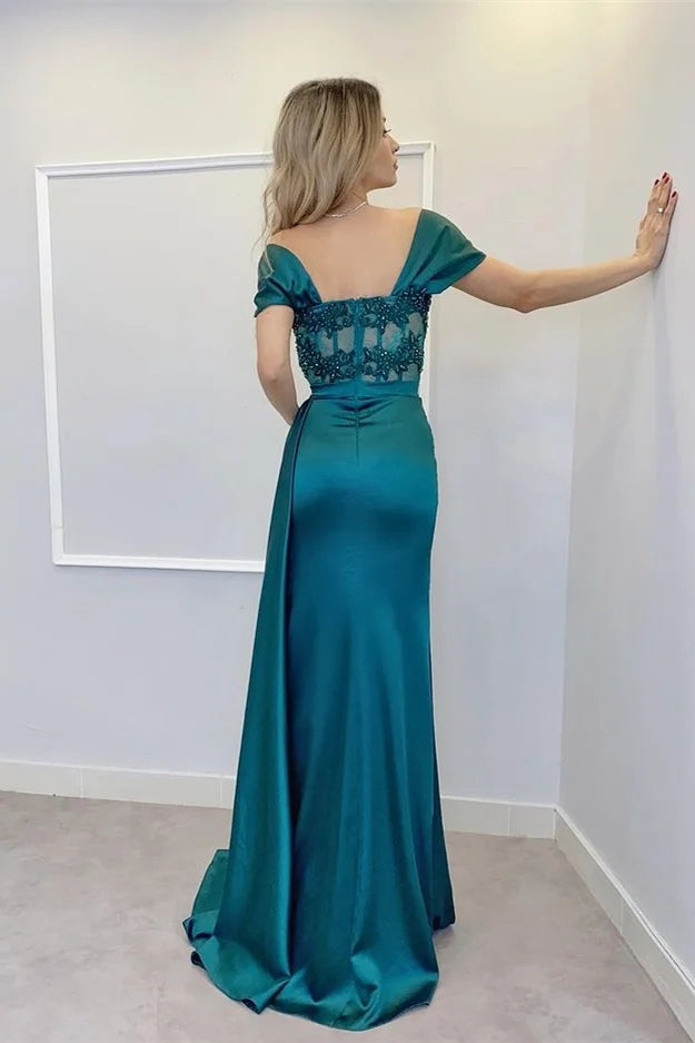 Fancy Lake Blue Satin Off-the-shoulder Side Slit Beadings Evening Dresses