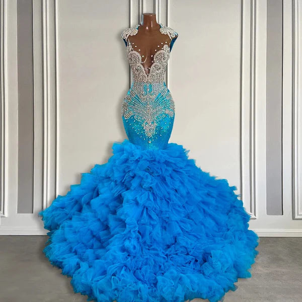 Elegant Ocean Blue Appliques Mermaid Prom Dresses With Beadings And Tulle Puffy Layers