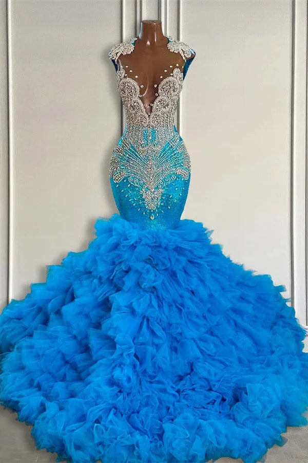 Elegant Ocean Blue Appliques Mermaid Prom Dresses With Beadings And Tulle Puffy Layers