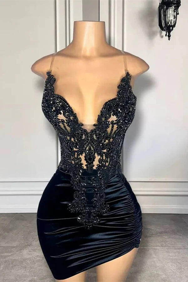 Black Sheer Straps Beadings Short Prom Dresses