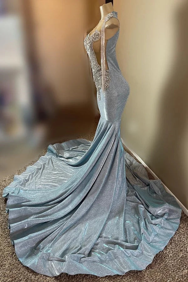 Blue Sequins V-Neck Backless Beadings Mermaid Prom Dresses With Tassel