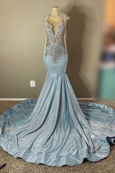 Blue Sequins V-Neck Backless Beadings Mermaid Prom Dresses With Tassel