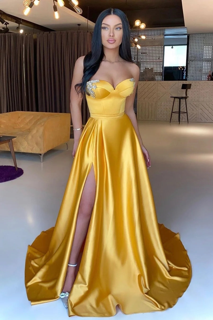 Elegant Yellow A Line Side Slit Sweetheart Beadings Evening Dresses