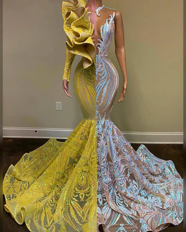 Special Gold Sequins V-Neck One Sleeve Mermaid Prom Dresses With Ruffles