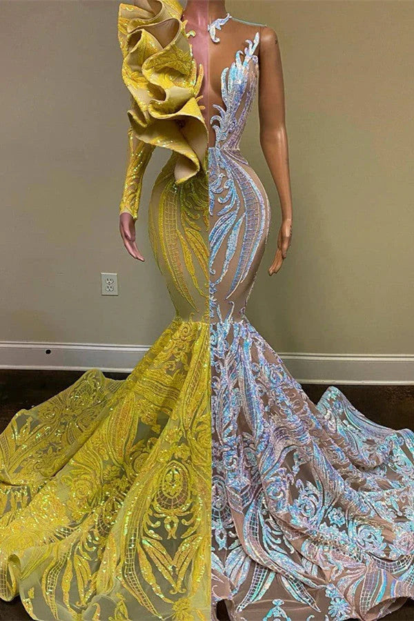 Special Gold Sequins V-Neck One Sleeve Mermaid Prom Dresses With Ruffles