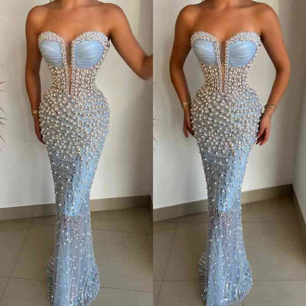 Sky Blue Sweetheart Sequins Sheath Prom Dresses With Beadings