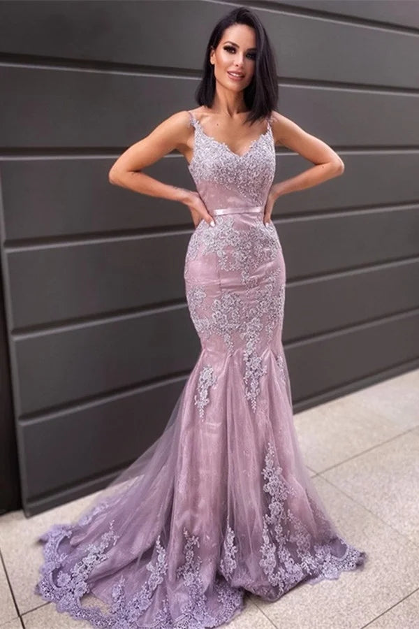 Gentle Purple Appliques Spaghetti Strap Mermaid Tulle Evening Dresses