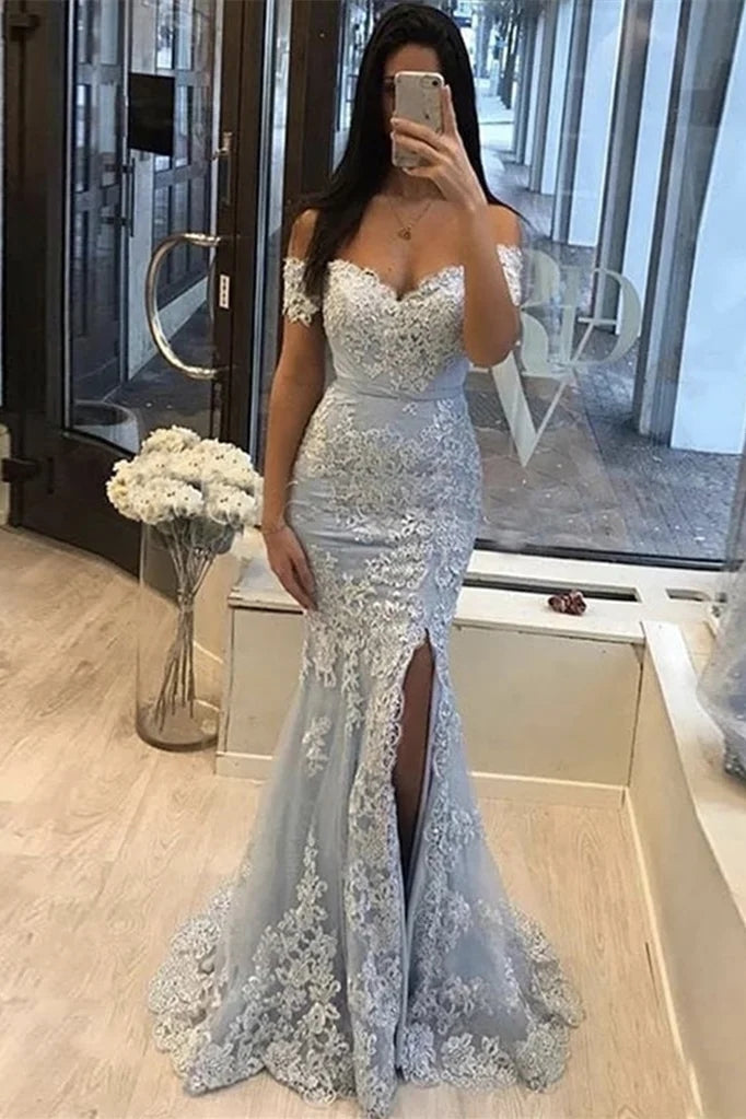 Generous White Appliques Off-the-shoulder Mermaid Tulle Evening Dresses